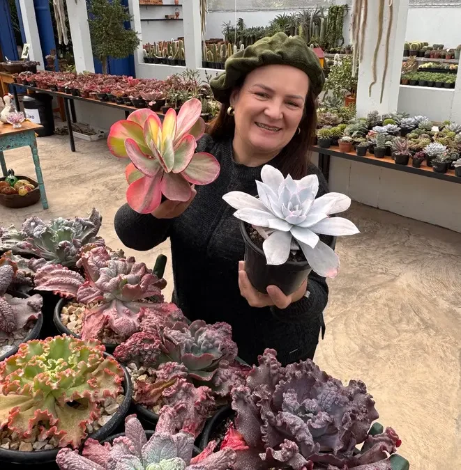 Mulher sorridente segurando duas suculentas em estufa cheia de plantas, demonstrando o resultado de um cultivo de cactos e suculentas bem feito.